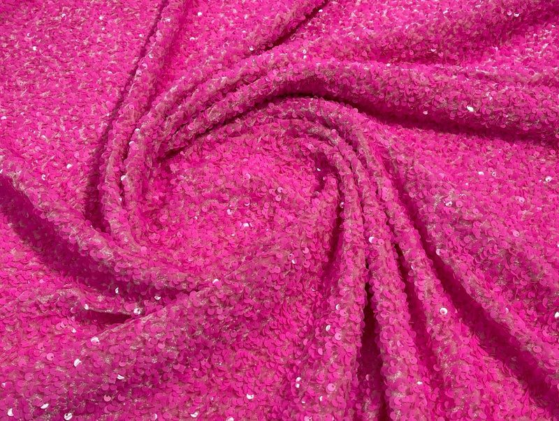 Neón Pink Sequins Fabric on Stretch Velvet - By The Yard - all Over 5mm Sequins 58”/60