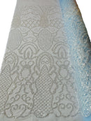 Fashion Design Bead Damask Fabric - Clear on Blue - Embroidered Elegant Design on Mesh Sold By The Yard
