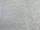 Ivory Damask Design Beaded Fabric, Embroidered with Beads Wedding Bridal Sold By Yard