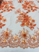 Orange 3D Floral Design Embroider and Beaded With Pearls On a Mesh Lace-Prom-Dresses By The Yard