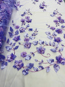 Lilac 3D Floral Design Embroider and Beaded With Pearls On a Mesh Lace Fabric By The Yard