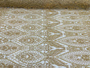 Beaded Fabric, Gold Damask Design Embroidered with Beads Wedding Bridal Sold By Yard