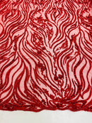 Red Bridal Lace, Beaded Fabric - by the yard - Embroidered Design with Beads and Sequins