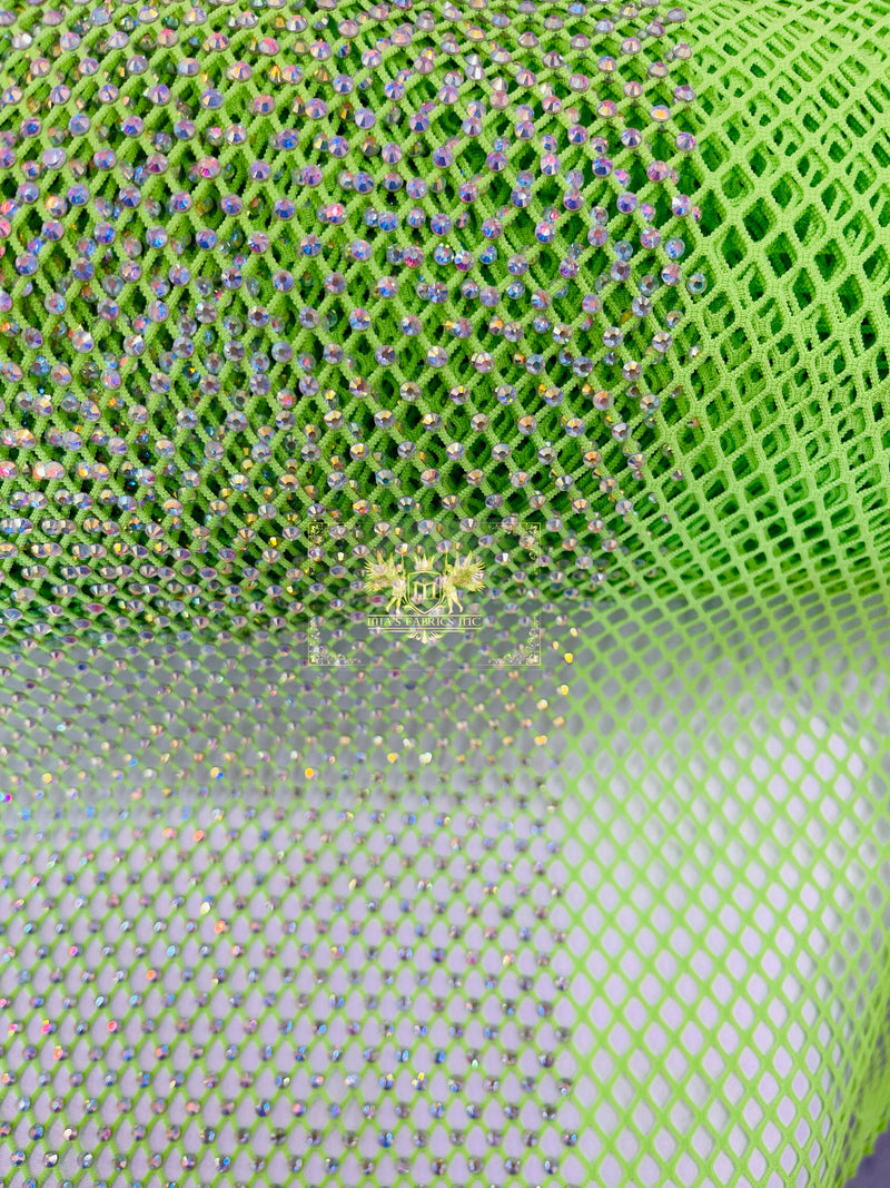 Iridescent Rhinestones Fabric by Yard On Lime Green 4way Stretch Net Fabric,Fish Net with Crystal Stones