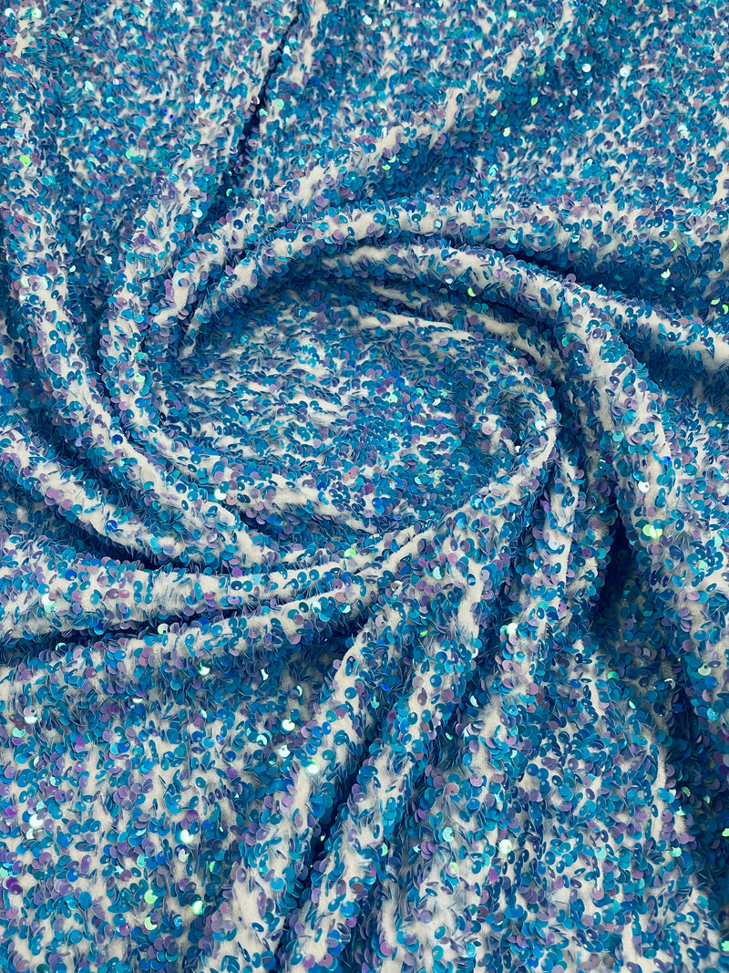 Blue/Lilac Sequins Fabric on White Stretch Velvet - By The Yard - all Over 5mm Sequins 58”/60