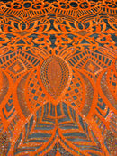 Orange Sequin Fabric On Black Mesh  4 Way Stretch Royalty Lace Sequin By Yard