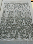 Silver Sequins Fabric on White Mesh, Damask Design 4 Way Stretch Sequin Fabric Sold By The Yard