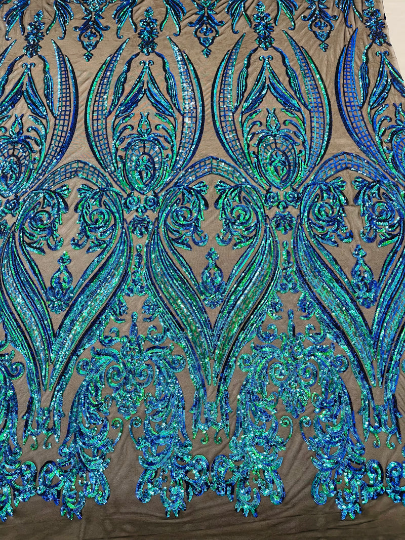Mermaid Iridescent Sequins Fabric on Black Mesh, Damask Design 4Way Stretch Sequin By The Yard