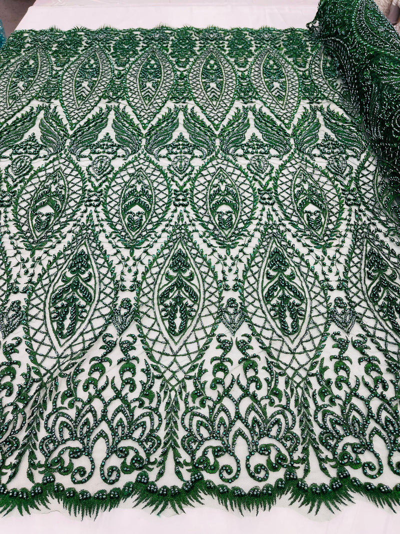 Beaded Fabric, Hunter Green Damask Design Embroidered with Beads Wedding Bridal Sold By Yard