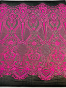 Hot Pink Sequin Fabric on Black Mesh By The Yard Damask Design 4 Way Stretch Lace Sequin
