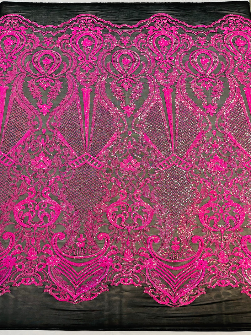 Hot Pink Sequin Fabric on Black Mesh By The Yard Damask Design 4 Way Stretch Lace Sequin