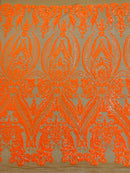Damask Royalty Design - Orange on DK Nude Mesh - 4 Way Stretch Sequins Fabrics By The Yard