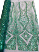 Zig Zag Lines Diamond Shape Fabric - Hunter Green - Embroidered Glamorous Design on Mesh Sold By The Yard