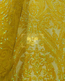 Yellow Iridescent Sequin Fabric on a Mesh 4 Way Stretch Sequins Fabric Sold By The Yard