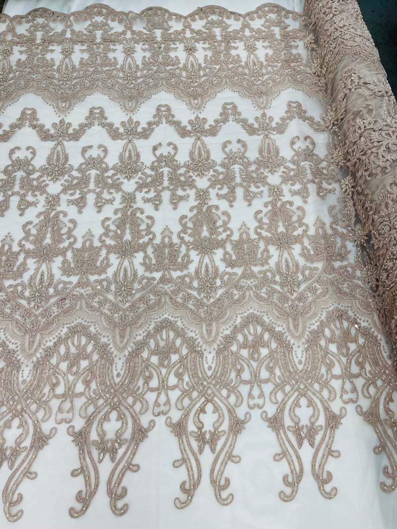 Blush Damask Design Beaded Fabric, Embroidered with Beads Wedding Bridal Sold By Yard