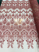 Dusty Rose Damask Design Beaded Fabric, Embroidered with Beads Wedding Bridal Sold By Yard