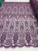 Beaded Fabric, Plum Damask Design Embroidered with Beads Wedding Bridal Sold By Yard