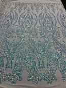 Iridescent Sequins Fabric on Mesh - by the yard - Damask Design 4 Way Stretch Sequin Fabric