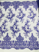 Lilac Bridal Lace - By The Yard - Floral Damask Design Embroidered on Mesh Lace Fabric