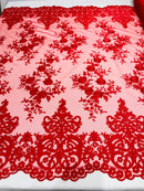 Red Bridal Lace - By The Yard - Floral Damask Design Embroidered on Mesh Lace Fabric