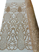 Fashion Design Bead Damask Fabric - Rose Gold - Embroidered Elegant Design on Mesh Sold By The Yard