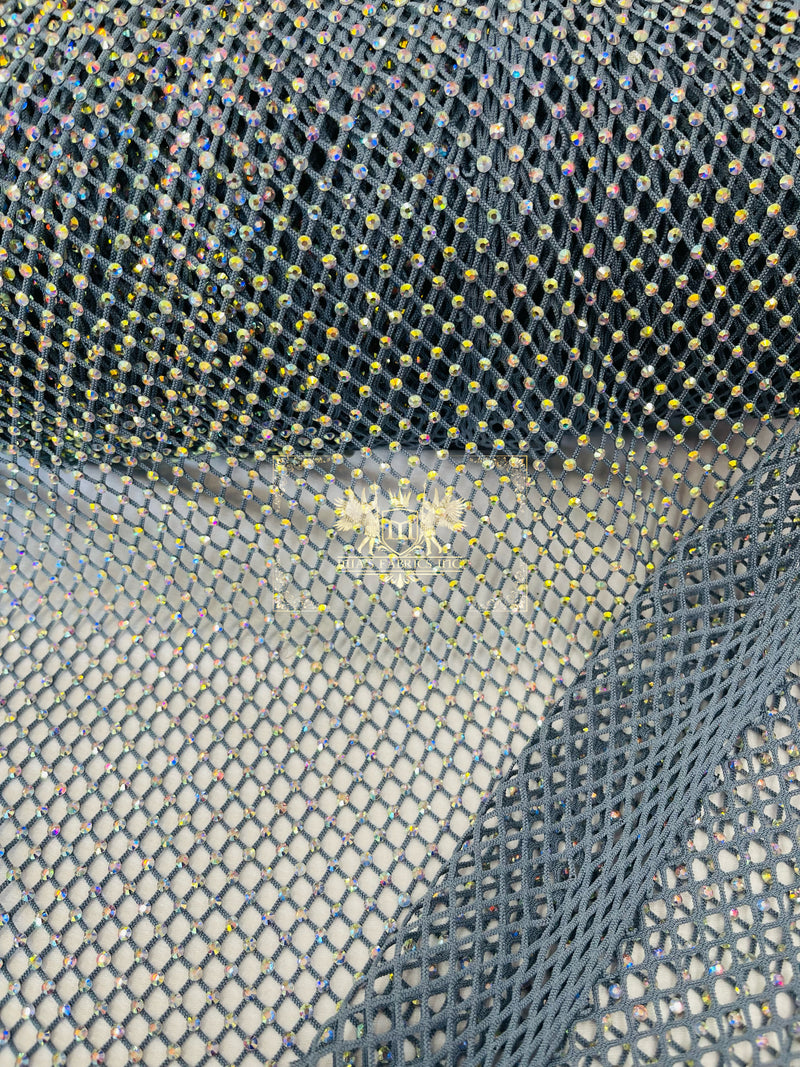 Fishnet Iridescent Rhinestones Fabric - Gray - Spandex Fabric Fish Net with Crystal Stones by Yard