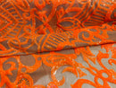 Orange Sequin Fabric On Nude Mesh  4 Way Stretch Royalty Lace Sequin By Yard