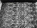 Black Sequin Fabric On a Mesh 4 Way Stretch, Sequins Fabric Damask Design By The Yard