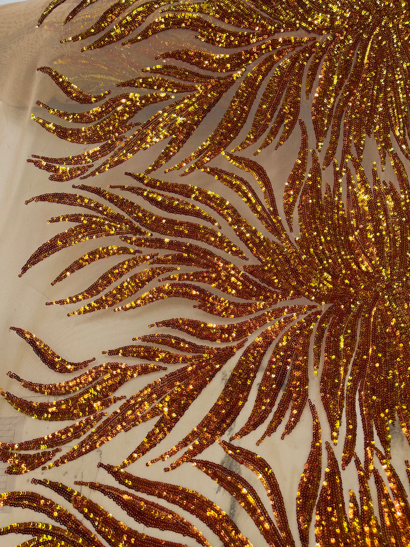 Feather Wings Sequins - Orange Iridescent on Nude - 4 Way Stretch Embroidered Wings Sequin By Yard