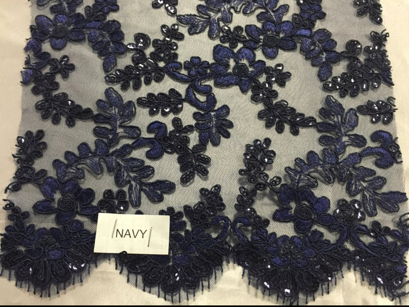 Navy - Floral Lace Fabric, Embroidery With Sequins on a Mesh Lace Fabric By The Yard For Gown, Wedding-Bridal (Choose The Quantity)