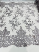 Silver Bridal Lace - By The Yard - Floral Damask Design Embroidered on Mesh Lace Fabric