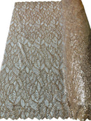 Fancy Leaf Pattern with Beads - Rose Gold - Embroidered Leaves Design on Mesh Sold By The Yard