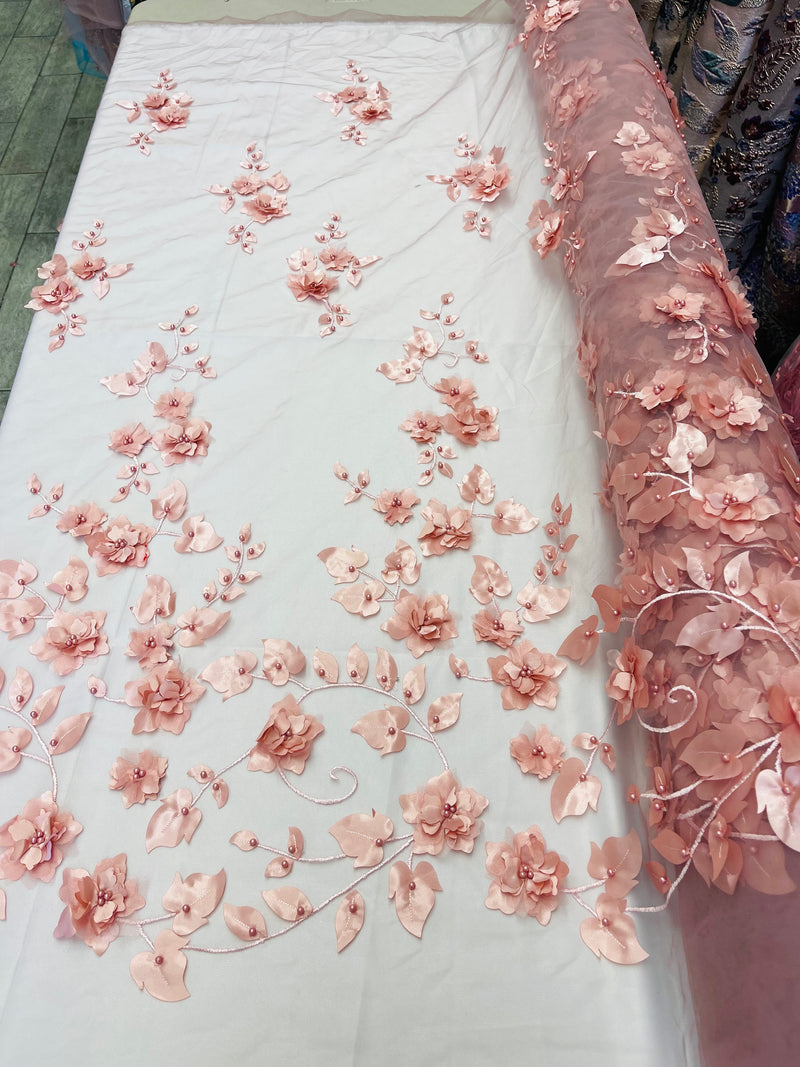 Dusty Rose 3D Floral Design Embroider and Beaded With Pearls On a Mesh Lace Fabric By The Yard