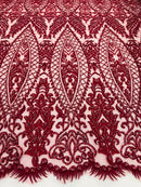 Beaded Fabric, Burgundy Damask Design Embroidered with Beads Wedding Bridal Sold By Yard