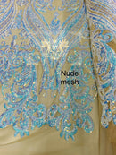 Aqua/Blue Iridescent Sequin Fabric on a Mesh 4 Way Stretch Sequins Fabric Sold By The Yard