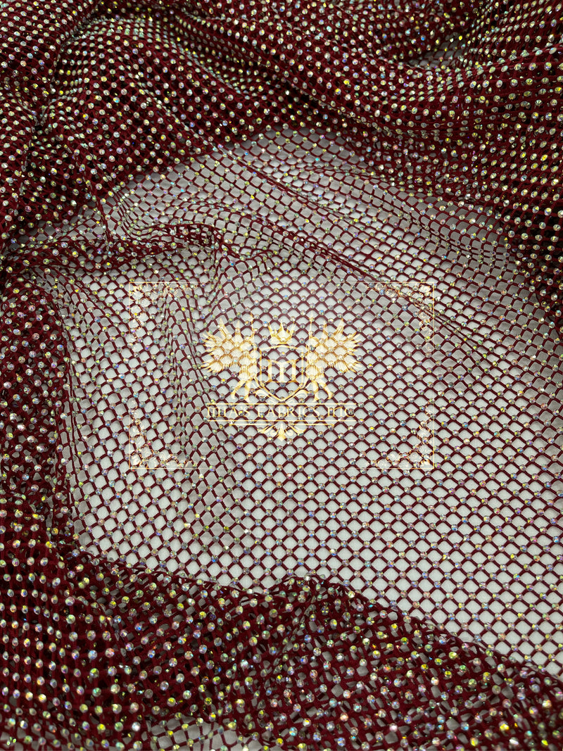 Fishnet Iridescent Rhinestones Fabric - Burgundy - Spandex Fabric Fish Net with Crystal Stones by Yard