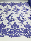 Lilac Bridal Lace - By The Yard - Floral Damask Design Embroidered on Mesh Lace Fabric
