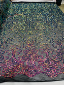 Iridescent Sequins Fabric On a Mesh 4 Way Stretch, Sequins Fabric Damask Design By The Yard