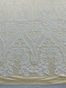 White Sequins Fabric on Lt Nude Mesh, Damask Design 4 Way Stretch Sequin Fabric Sold By The Yard
