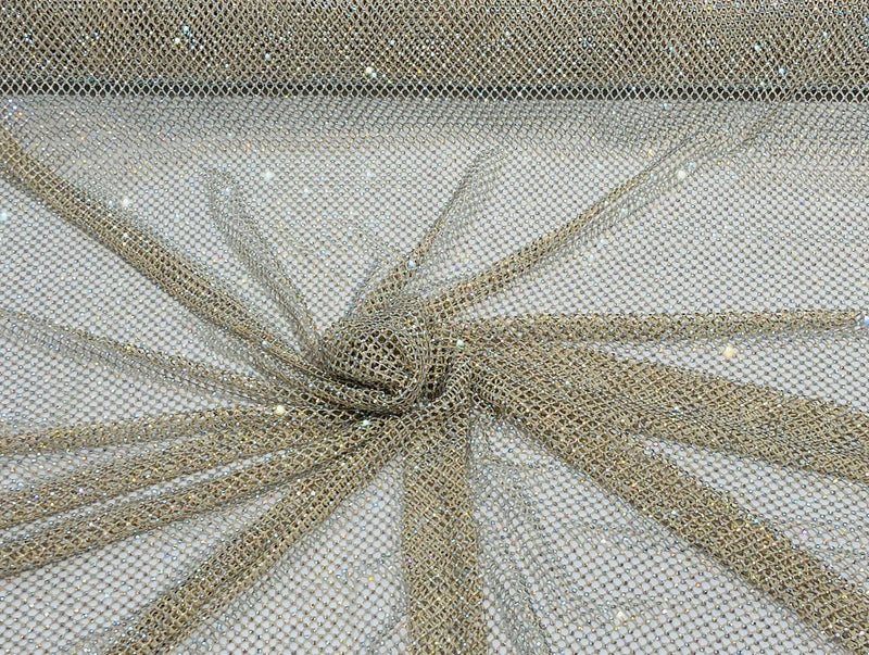 Iridescent Rhinestones Fabric On Champagne 4way Stretch Net Fabric,Fish Net with Crystal Stones By Yard