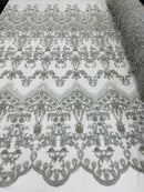 Silver Damask Design Beaded Fabric, Embroidered with Beads Wedding Bridal Sold By Yard