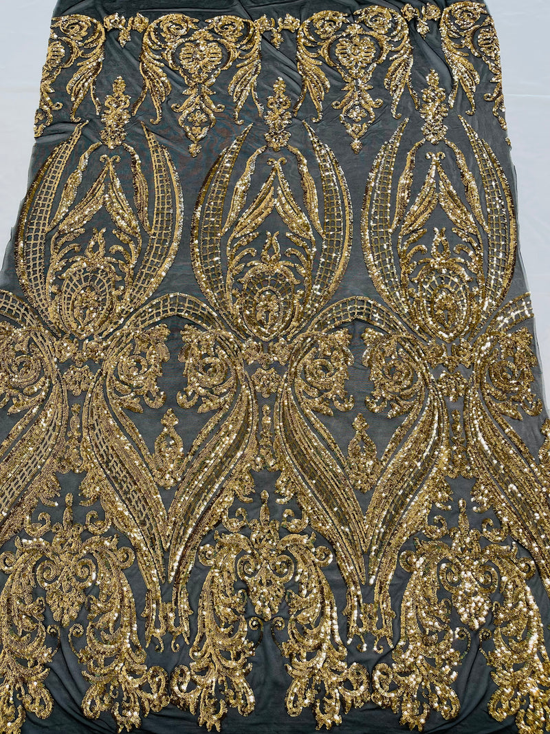 Gold Sequins Fabric on Black Mesh, Damask Design 4 Way Stretch Sequin Fabric Sold By The Yard