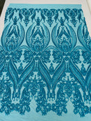 Turquoise Sequins Fabric on Mesh, Damask Design 4Way Stretch Sequin By The Yard
