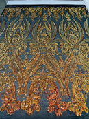 Orange Iridescent Sequins Fabric on Mesh, Damask Design 4Way Stretch Sequin By The Yard