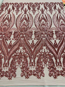 Pink Sequins Fabric on Mesh, Damask Design 4 Way Stretch Sequin Fabric Sold By The Yard