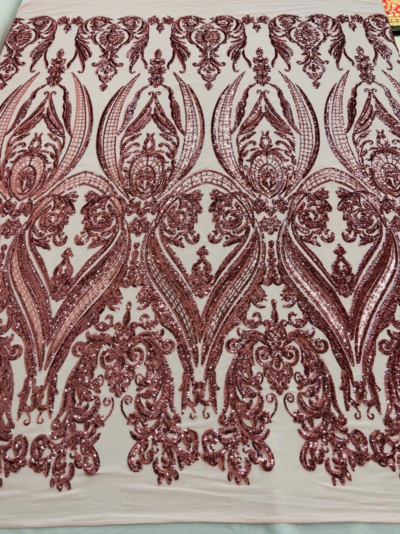 Pink Sequins Fabric on Mesh, Damask Design 4 Way Stretch Sequin Fabric Sold By The Yard