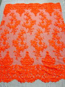Neón Orange Floral Bridal Lace - By The Yard - Damask Design Embroidered on Mesh Lace Fabric
