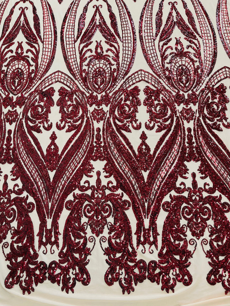 Burgundy Sequins Fabric on Nude Mesh, Damask Design 4 Way Stretch Sequin Fabric Sold By The Yard