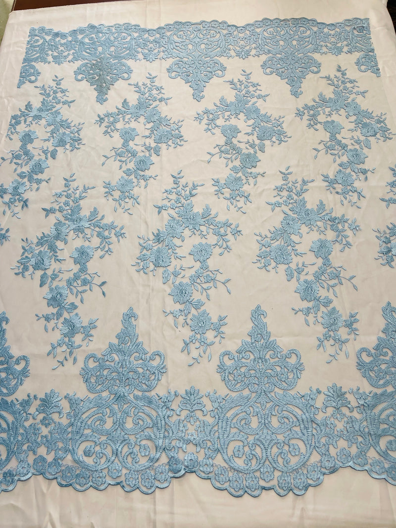 Baby Blue Floral Bridal Lace - By The Yard - Damask Design Embroidered on Mesh Lace Fabric