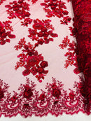 Burgundy 3D Floral Design Embroider and Beaded With Pearls On a Mesh Lace-Prom-Dresses By The Yard
